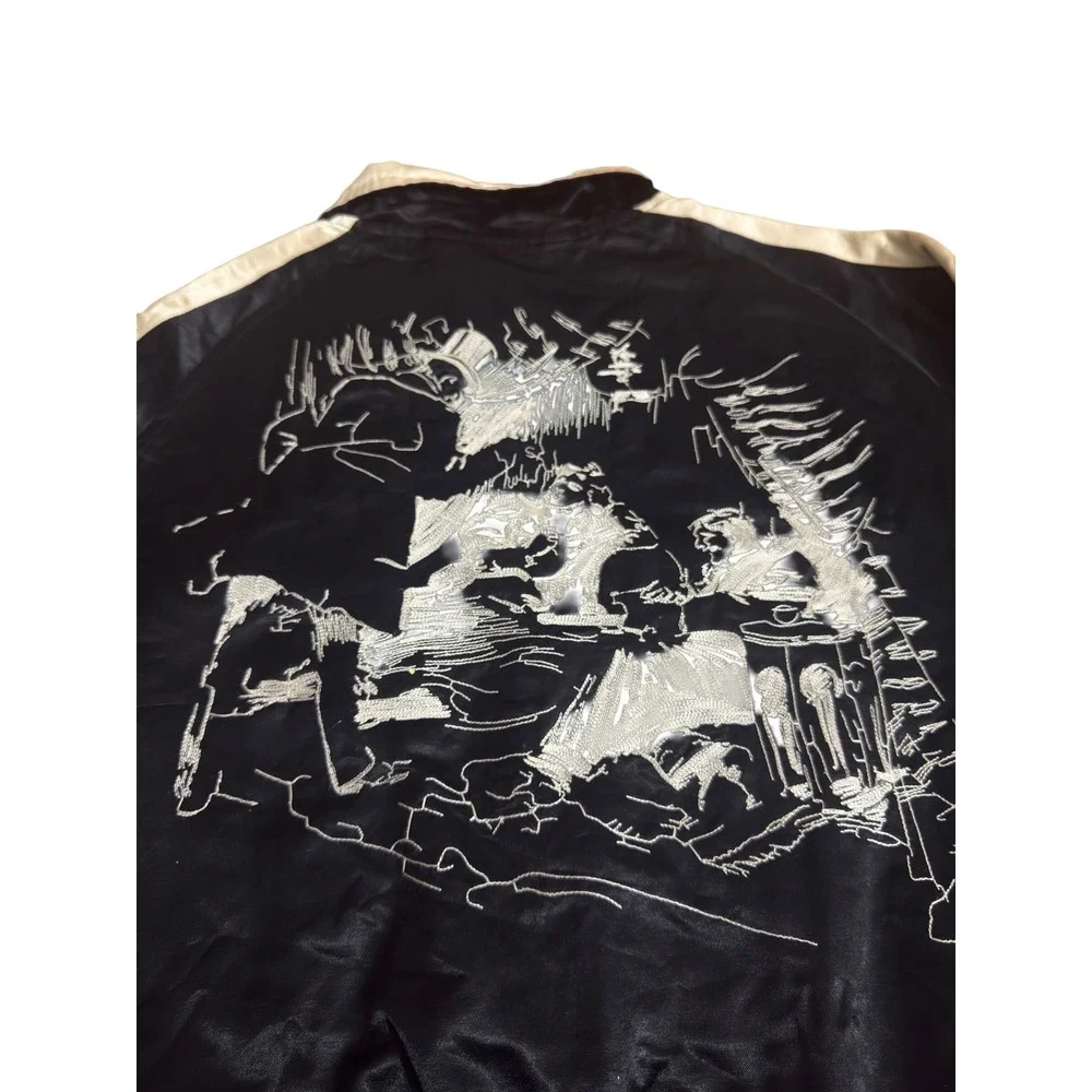ERD Satin Varsity Bomber Jacket Black Cream Embroidered